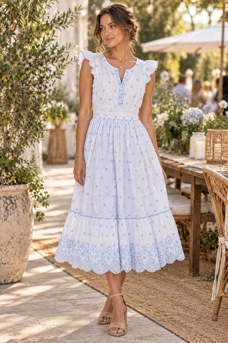 Rachel Zoe White Blue Eyelet Midi Dress 2 Embroidery Prairie Tiered Cottagecore
